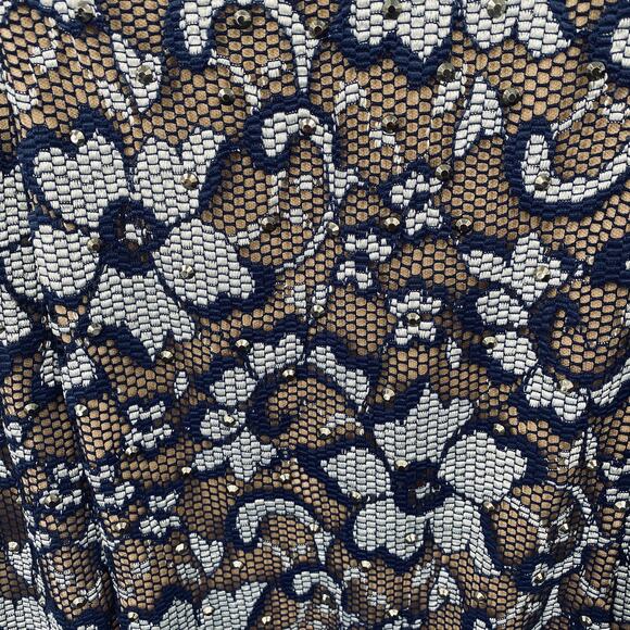 Xscape Off Shoulder Floral Lace Gown Long Sleeve Rhinestone Blue Over Cream 6 - Picture 4 of 8